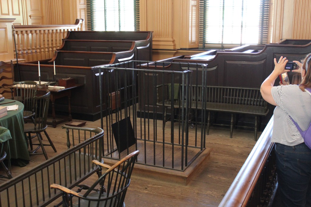 Court Room in Independence Hall - notice the cage, defendant used to actually have to stand in the cage during the trial - hence the term 'stand trial'